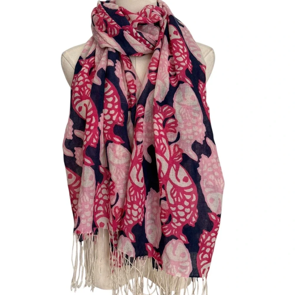 Lilly Pulitzer Murfee Scarf Pink Navy Blue Fish Print Silk Cashmere Coastal Prep